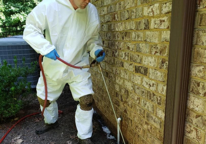 Technician treating home exterior with pesticide